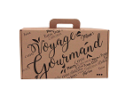 Petite Valisette Kraft carton dcore "Voyage Gourmand" avec poigne (33 x 18.5 x 9.5cm)